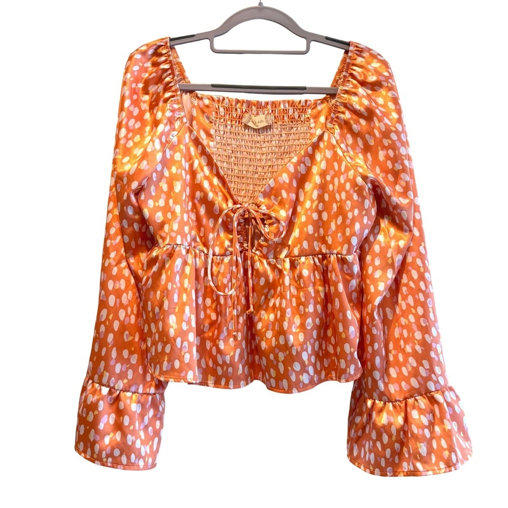 Altar'd State Orange Polka Dot Satin Peplum Top Long Bell Sleeve Smocked Medium